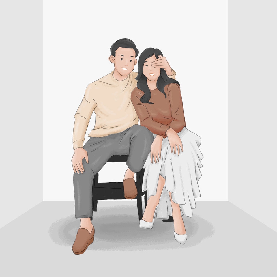 jasa lukis wajah freelance karikatur gambar wajah pria dan wanita duduk di kursi