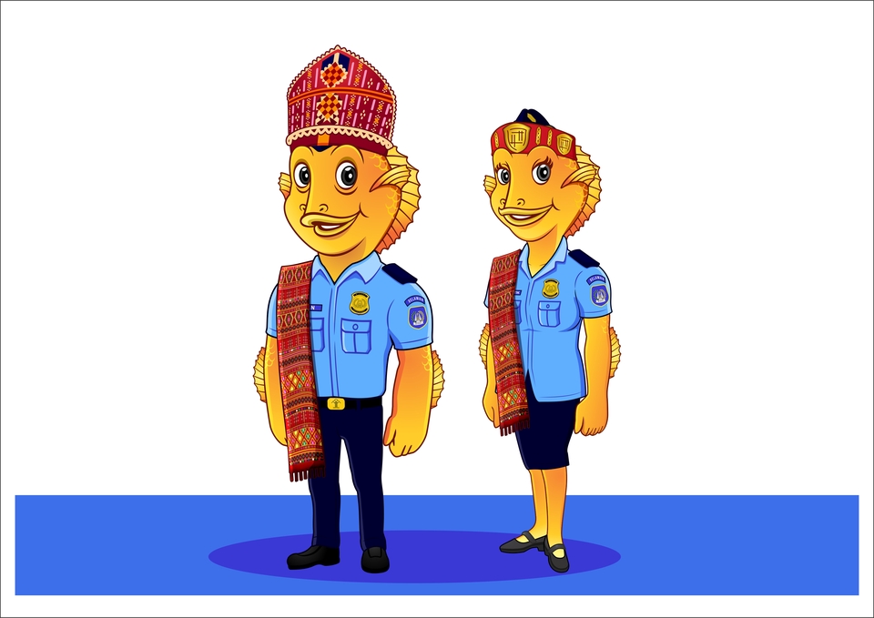Jasa desain karakter kartun maskot ikan polisi, desain karakter game, karakter fantasi unik.
