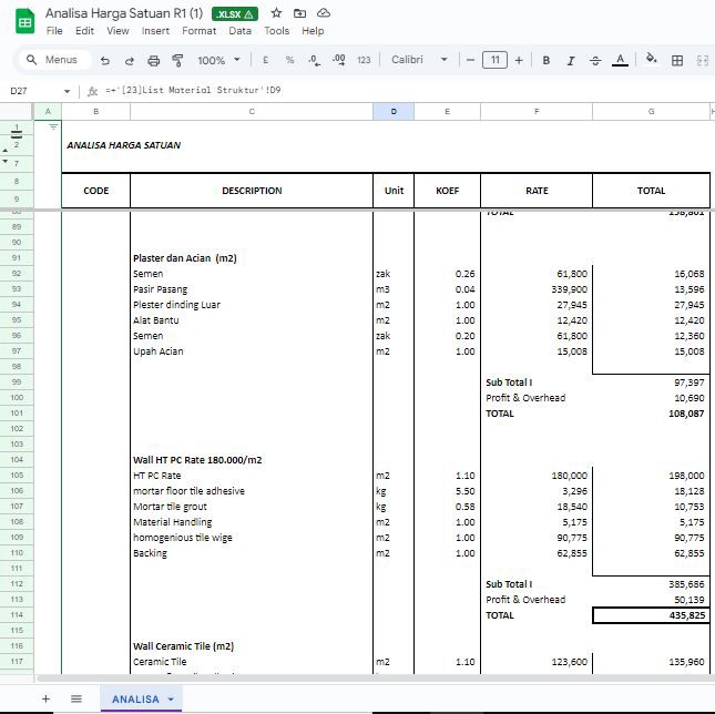 Jasa input data excel dan analisis data harga satuan material bangunan