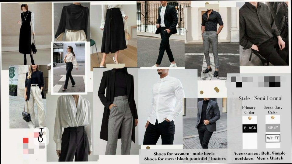 Jasa ilustrasi desain semi formal untuk pria dan wanita, dengan pilihan aksesoris seperti ikat pinggang dan jam tangan. Jasa desain ilustrasi pakaian, desain karakter, desain icon, desain mockup.