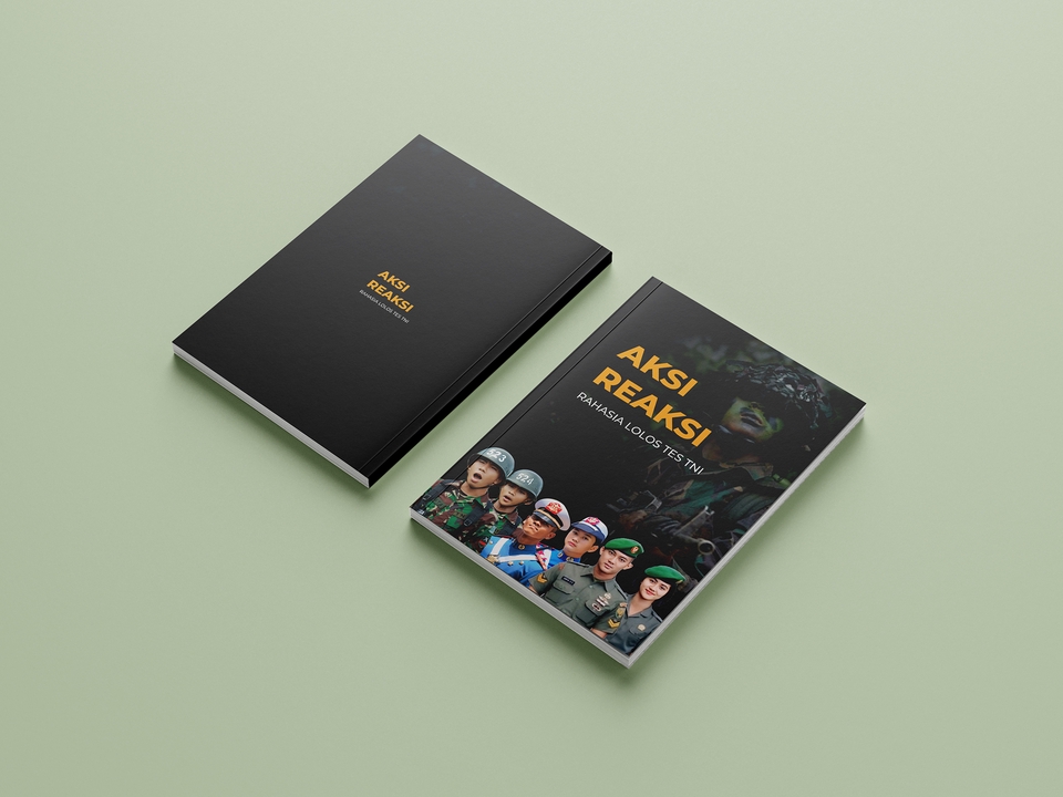 Buku tentang aksi dan reaksi, dengan foto para tentara TNI sebagai latar belakang, cocok untuk pembelajaran tentang strategi militer.