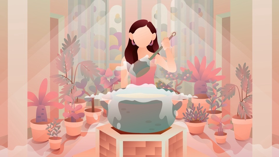รับวาดภาพเวกเตอร์ ภาพประกอบเวกเตอร์ ผู้หญิงกำลังปรุงอาหารในหม้อ vector illustration ภาพวาด artwork