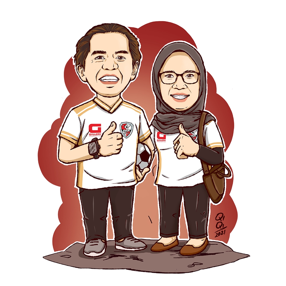 Jasa ilustrasi kartun pasangan dengan desain baju bola dan gambar bola di tangan pria