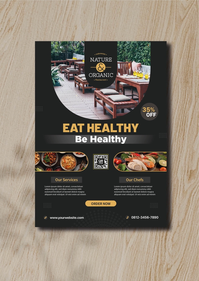 Desain brosur makanan restoran dengan konsep alam dan organik, cocok untuk desain menu restoran dan promo makanan sehat.