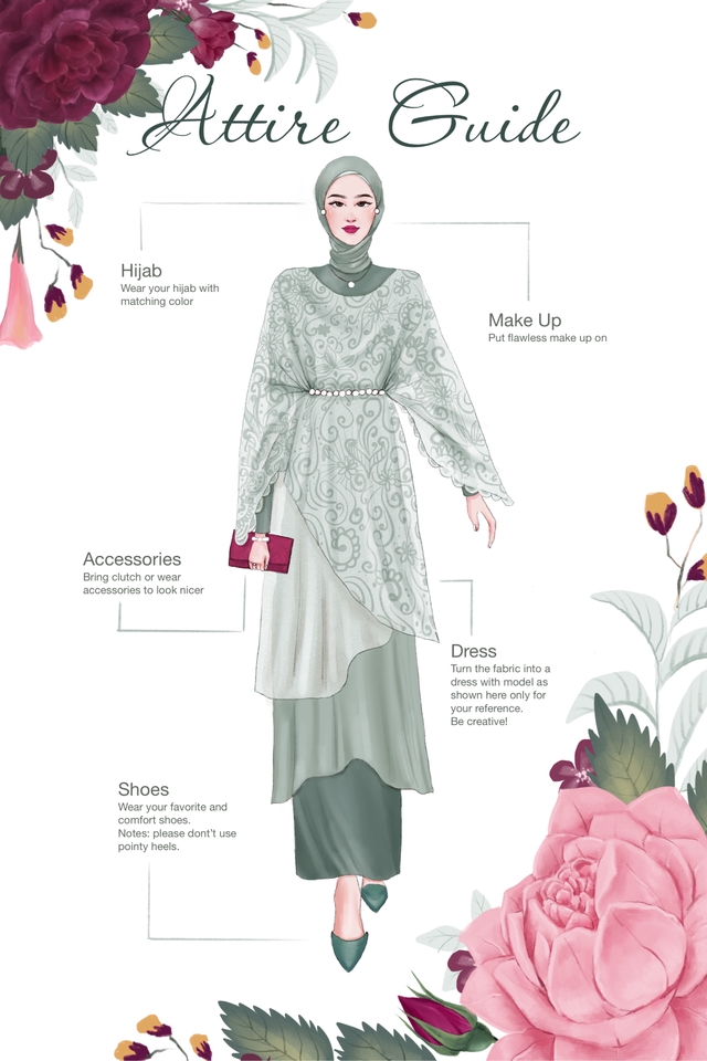 Jasa ilustrasi desain pakaian hijab muslimah modern untuk wanita dengan hijab, dress, aksesoris, dan sepatu