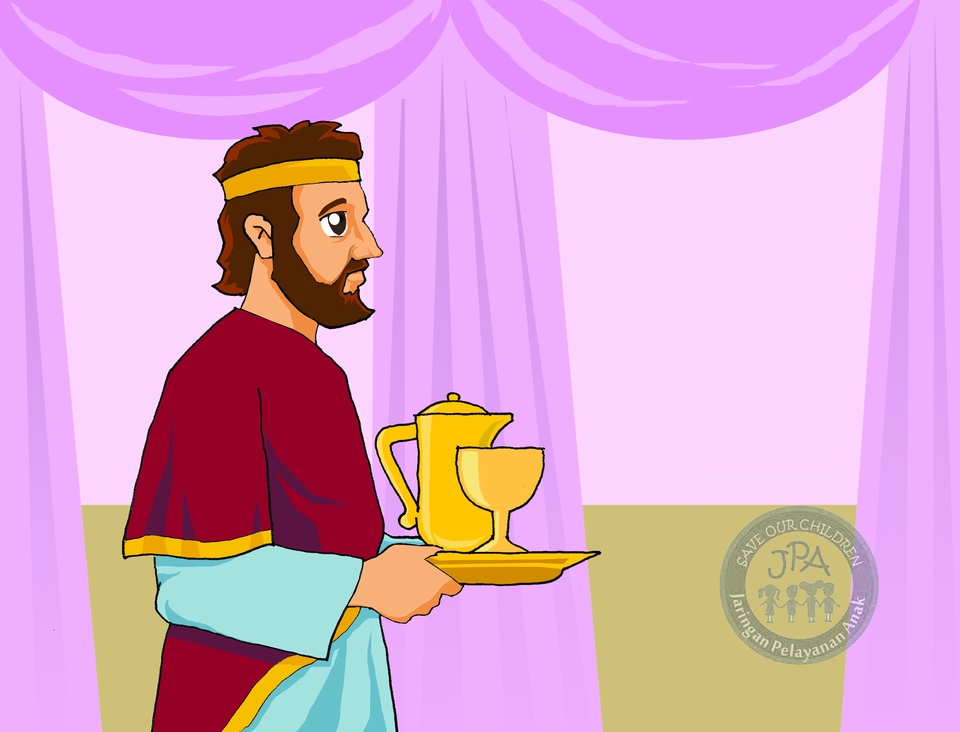 Ilustrasi kartun seorang raja dengan baju merah sedang memegang minuman dan makanan di tangan