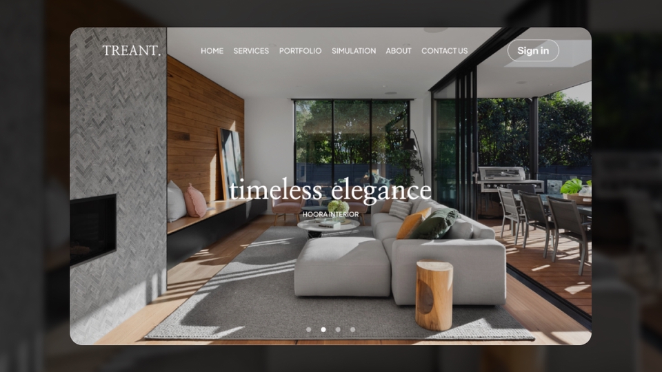 Desain interior ruang tamu minimalis dengan sofa modern, meja kopi, dan pemandangan luar ruangan. Desain interior rumah modern, desain interior rumah minimalis. jasa desain interior, desainer interior, desain ruang tamu, desain rumah, desain minimalis.