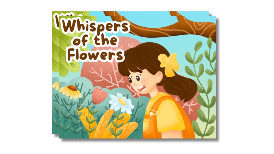 Ilustrasi seorang gadis kecil tersenyum di taman, dikelilingi bunga-bunga dengan judul "Bisikan Bunga". Jasa ilustrasi digital, desain ilustrasi, gambar ilustrasi.