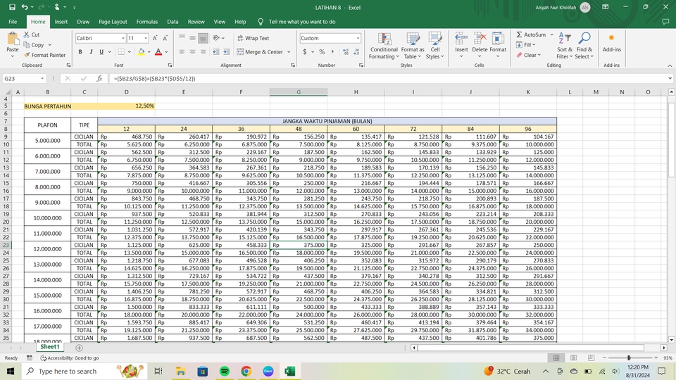 Jasa data entry Excel, contoh hasil input data pinjaman dengan bunga 12.50%.