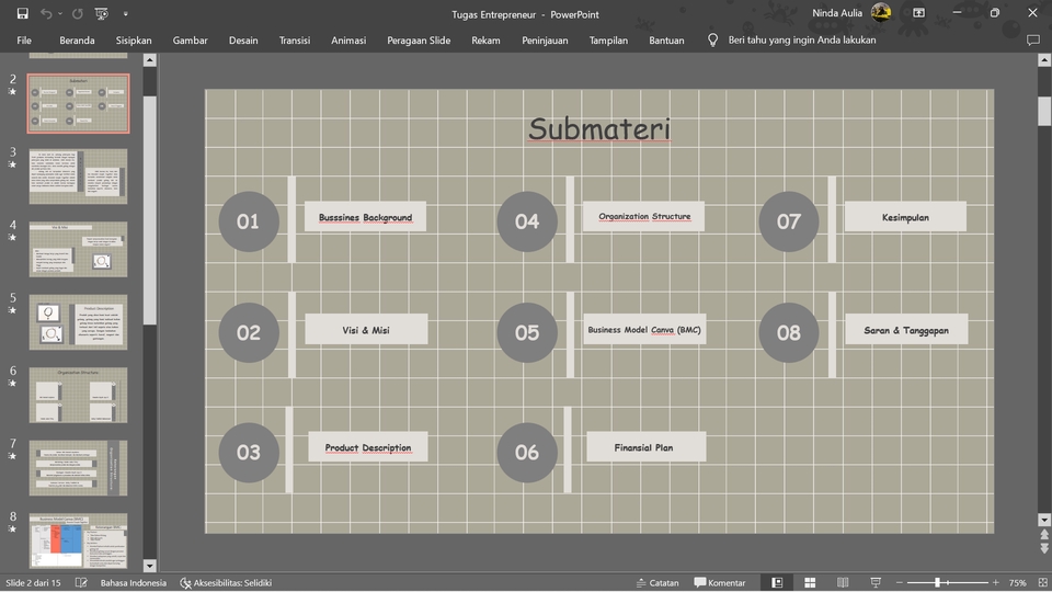 Jasa pembuatan slide presentasi  Powerpoint dengan submateri:  Business Background,  Visi & Misi,  Product Description,  Operational Structure, Business Model Canvas (BMC),  Financial Plan,  Keamanan,  Saran & Tanggapan.