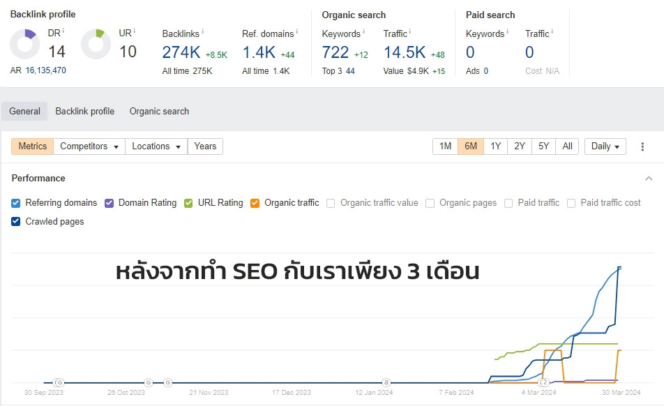 ผลลัพธ์จากการทำ SEO กับแพลตฟอร์ม 3 เดือน