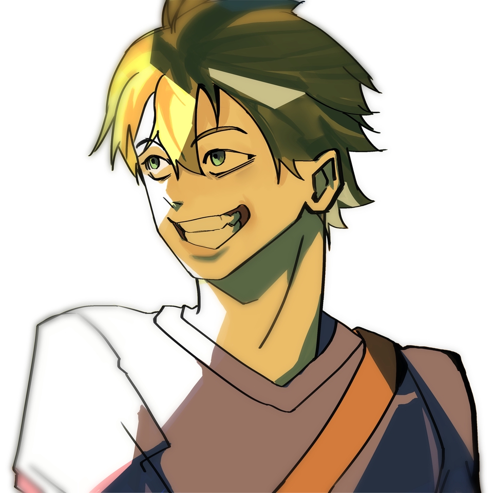 Ilustrasi digital pria berambut kuning dan coklat dengan ekspresi wajah bahagia, cocok untuk jasa ilustrasi karakter di Indonesia.