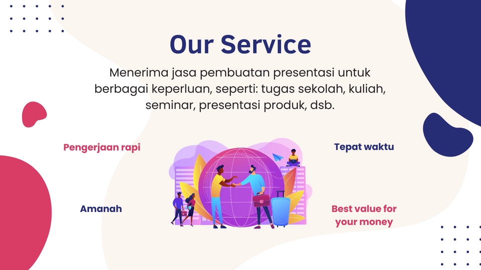 Jasa pembuatan presentasi profesional untuk tugas sekolah, kuliah, seminar, dan presentasi produk.