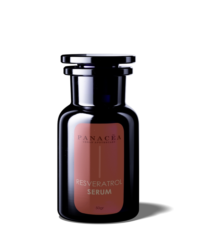 Jasa desain kemasan botol serum dengan label "PANACEA" dan desain label Resveratrol Serum.