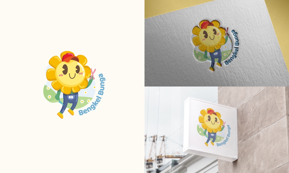 Jasa desain logo online untuk bengkel bunga dengan logo bunga matahari lucu.