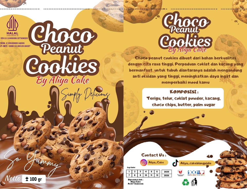 Jasa desain kemasan makanan unik, Choco Peanut Cookies by Aliya Cake, desain kotak kue, desain label makanan, desain stiker makanan, desain kemasan plastik makanan, desain packaging makanan, desain box makanan.