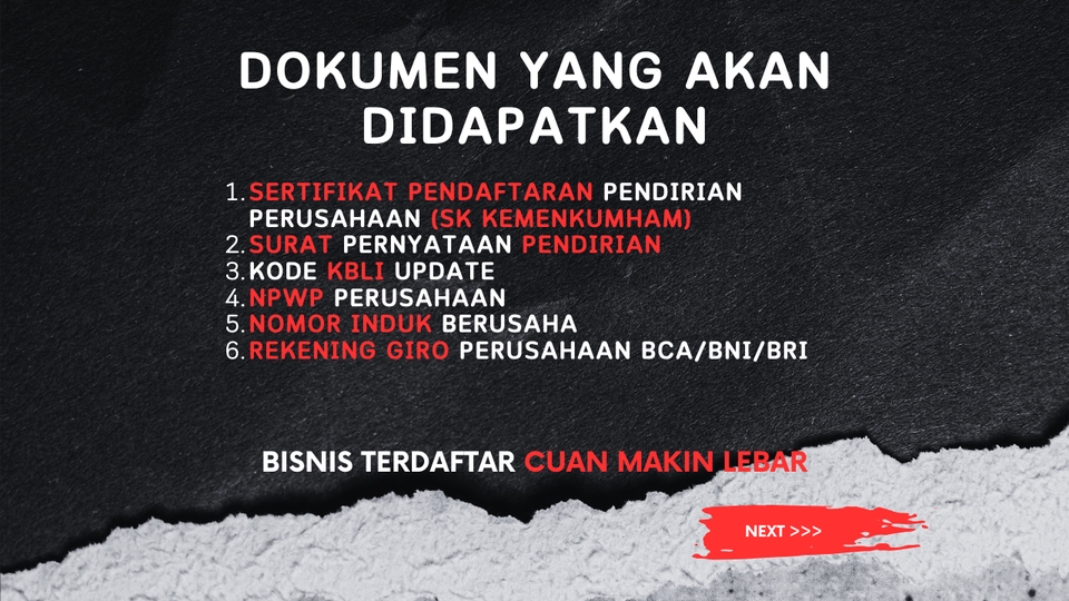 Dokumen yang akan didapatkan saat menggunakan jasa pendirian PT, termasuk sertifikat pendaftaran, surat pernyataan pendirian, kode KBLI, NPWP, Nomor Induk Berusaha, dan rekening giro perusahaan BCA/BNI/BRI. Layanan hukum terdaftar, cuan makin lebar.