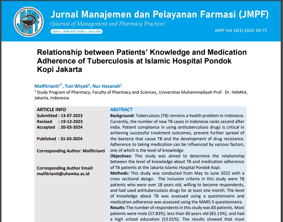 Jurnal Manajemen dan Pelayanan Farmasi (JMPF) tentang hubungan antara pengetahuan dan kepatuhan pengobatan pasien tuberkulosis di Rumah Sakit Islam Pondok Kopi Jakarta.