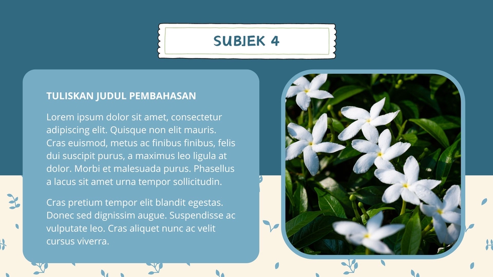 Jasa desain presentasi powerpoint template dengan bunga putih yang menawan dan desain yang elegan untuk presentasi profesional anda.