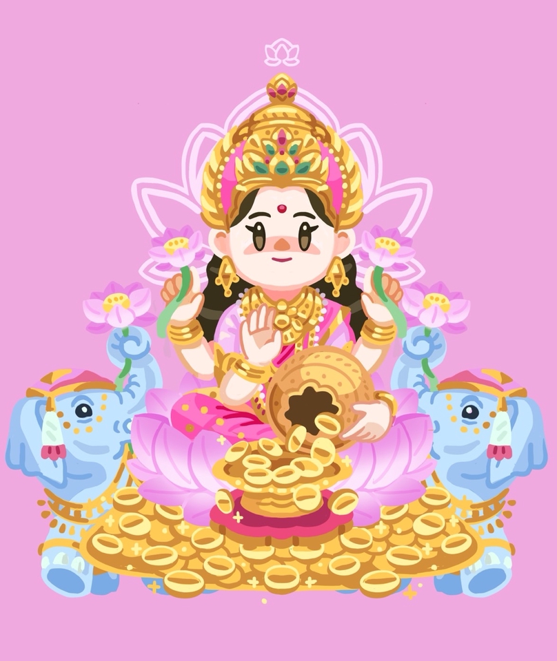 รับวาดรูปการ์ตูน ลักษมี เทพีแห่งความมั่งคั่ง สไตล์น่ารัก