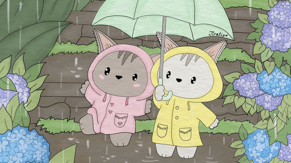 รับวาดภาพประกอบ นิทาน น่ารัก การ์ตูน แมว น้อย น่ารัก ร่ม สีชมพู สีเหลือง วาดภาพดิจิตอล เพ้นท์