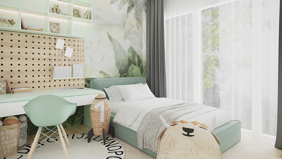 Jasa drafter autocad murah untuk desain kamar tidur minimalis dengan warna hijau dan putih.