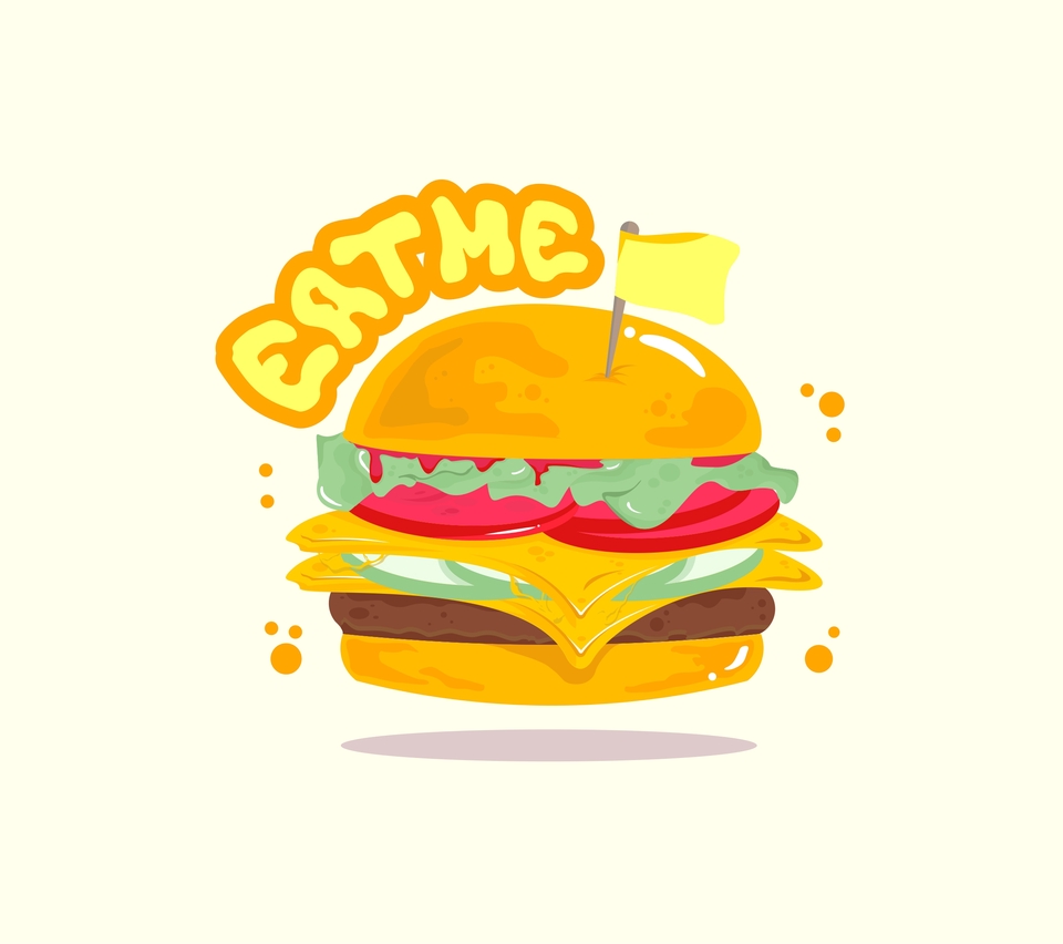 Ilustrasi gambar kartun makanan burger dengan tulisan eat me, cocok untuk jasa pembuatan gambar ilustrasi makanan.