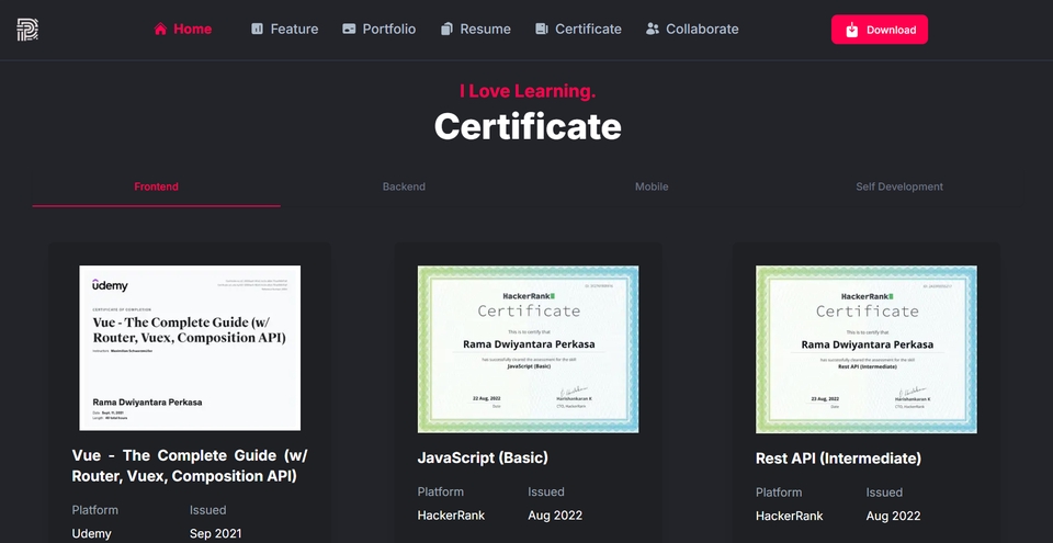 Jasa Pembuatan Website dengan Vue.js, Javascript dan REST API - Udemy dan HackerRank.