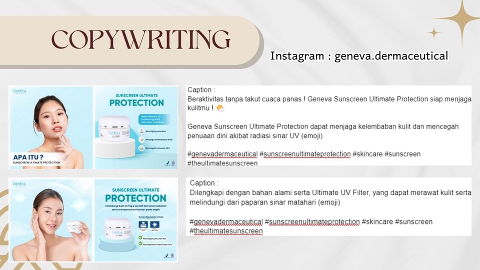 Jasa copywriting freelance untuk platform media sosial, dengan contoh hasil copywriting untuk produk skincare dan penggunaan hashtag.
