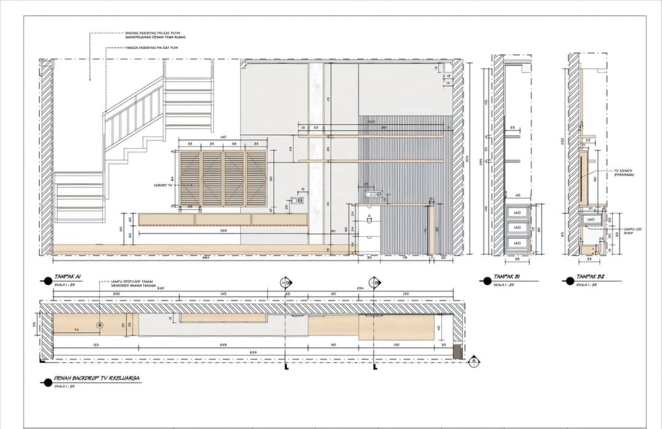 Desain lemari TV minimalis dengan rak dinding, jasa desain furniture online.