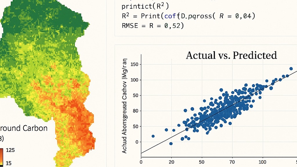 การประมวลผลภาพและการวิเคราะห์ข้อมูลทางภูมิศาสตร์ แสดงผลการทำนายปริมาณคาร์บอนในดิน ด้วยเทคนิคการเรียนรู้ของเครื่อง R2 0.04 RMSE 0.52