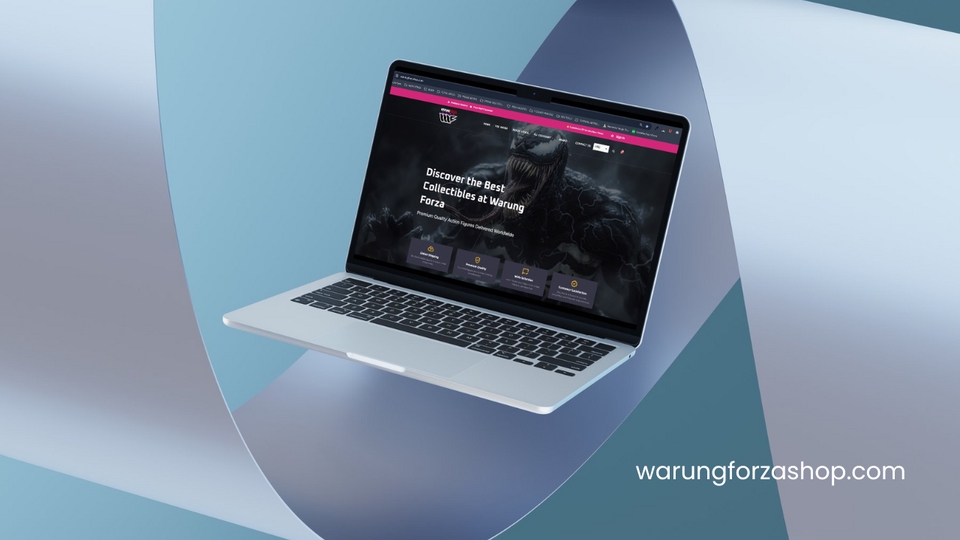 Laptop menampilkan website dengan desain minimalis, menampilkan layanan jasa pembuatan website profesional, desain website modern, dan berbagai portofolio website, ideal untuk kebutuhan perusahaan, toko online, dan blog.