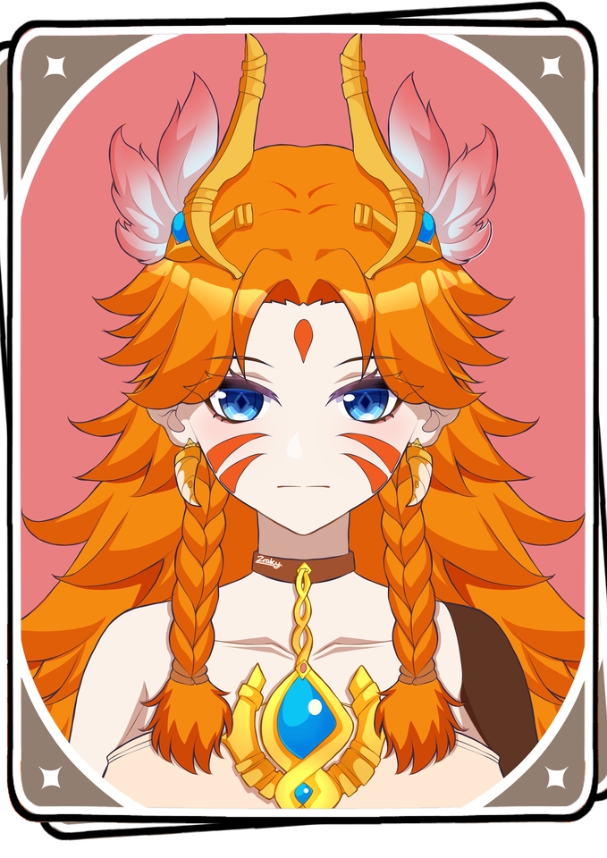 Ilustrasi karakter perempuan berambut orange dengan hiasan kepala emas dan kalung - desain ilustrasi karakter