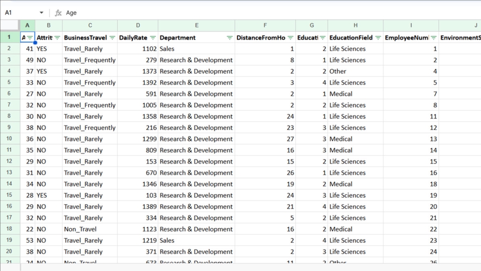 Jasa data entry excel menampilkan contoh tabel spreadsheet dengan berbagai data seperti attribute, daily rate, department, dan lainnya.
