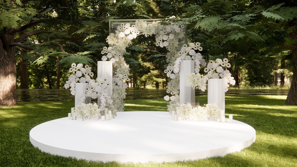 Dekorasi pernikahan minimalis dengan bunga putih dan pilar putih untuk backdrop foto pernikahan, jasa desain dekorasi pernikahan.