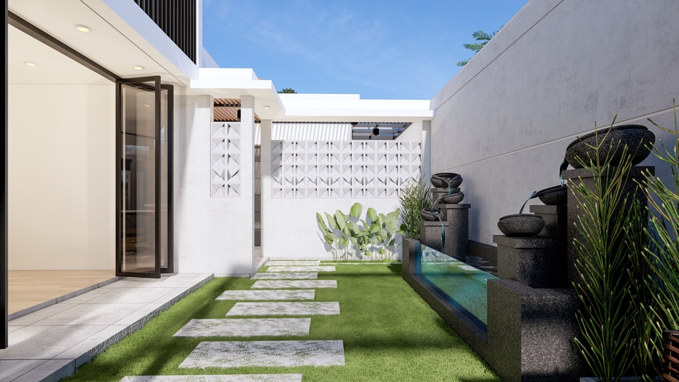 Jasa desain exterior 3d rumah minimalis dengan kolam renang dan taman