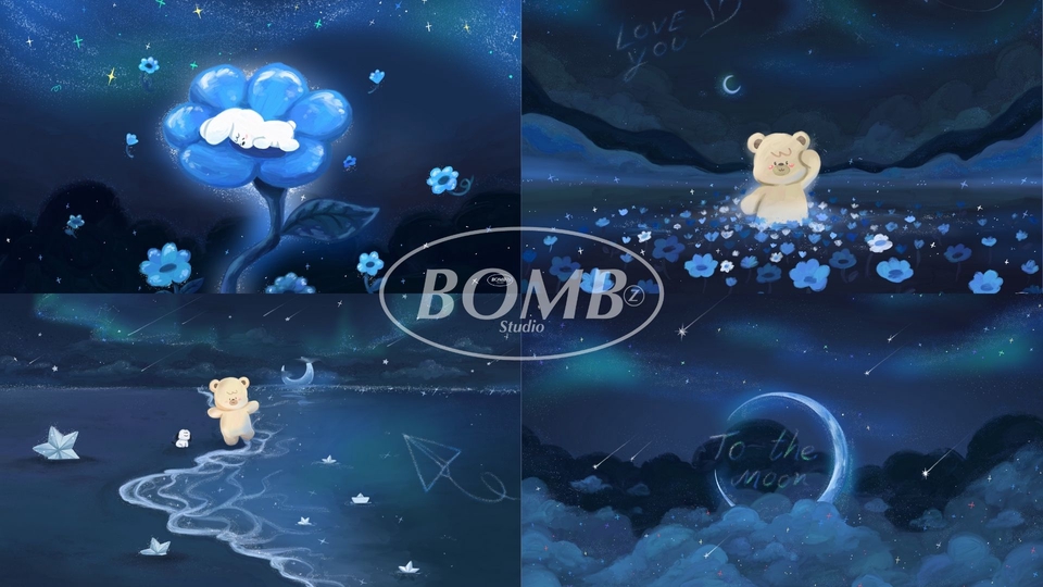 รับวาดรูปภาพประกอบ ดิจิตอลเพ้นท์ ธีมท้องฟ้ายามค่ำคืน มีดวงจันทร์ และดอกไม้
