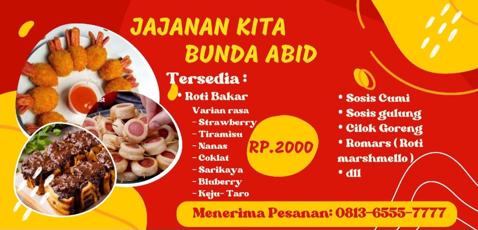 Jajanan Kita Bunda Abid, Jajanan lezat dan unik, desain spanduk toko jajanan, desain spanduk makanan, desain spanduk jualan, desain spanduk cafe, jasa desain spanduk makanan, jasa desain spanduk jajanan.