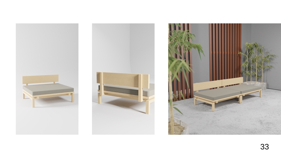 Jasa desain interior cafe minimalis dengan sofa kayu dan bantal abu-abu, cocok untuk cafe modern