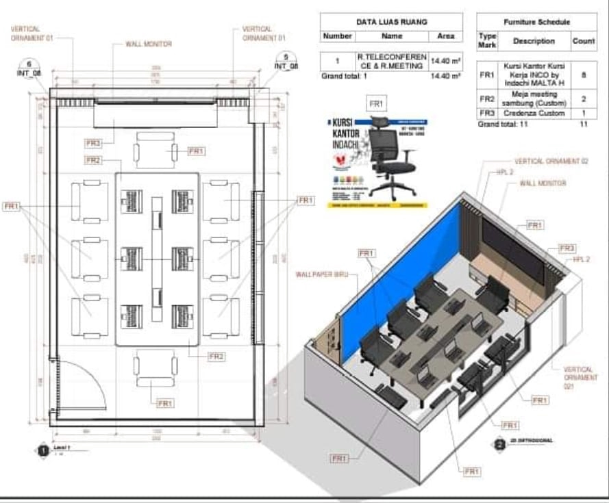 Desain Interior Ruangan Kantor dengan Meja Telekonferensi dan Kursi Kantor