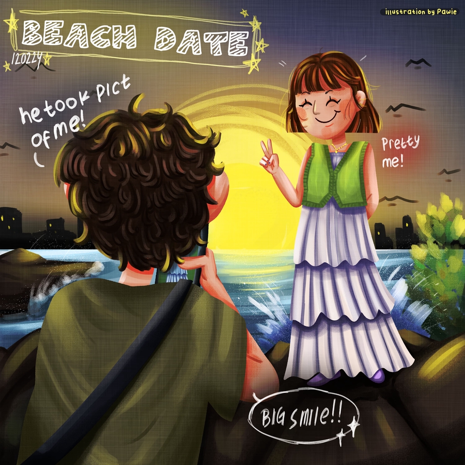 Jasa ilustrasi kartun lucu pasangan di pantai dengan ilustrasi digital