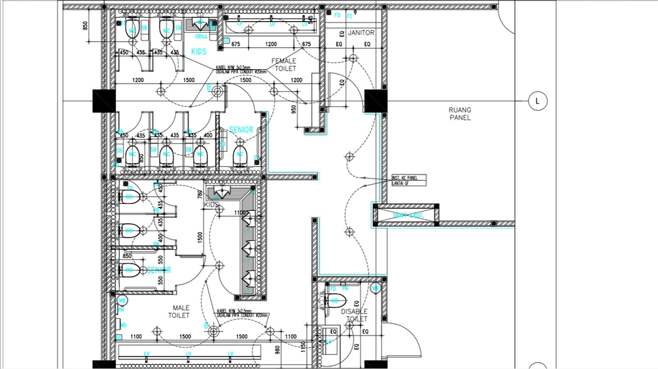 Jasa drafter autocad freelance untuk desain denah ruangan toilet dan kamar mandi dengan detail lengkap.