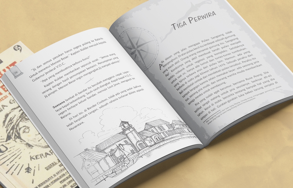 Buku cerita anak dengan ilustrasi desain yang unik dan menarik tentang tiga orang perwira yang melakukan perjalanan jauh.