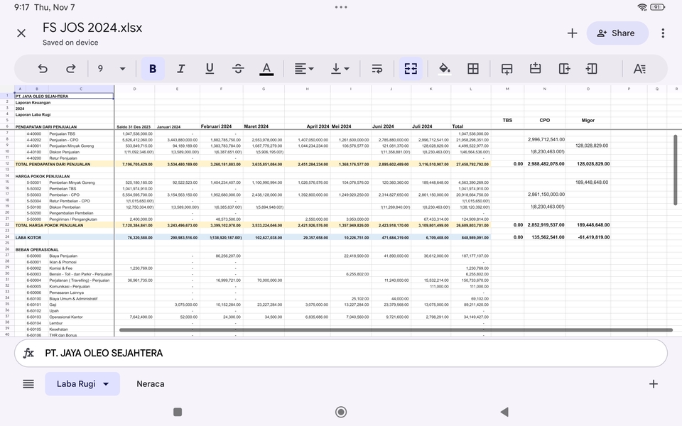 Jasa Akuntansi Freelance untuk PT. Jaya Oleo Sejahtera: Laporan Keuangan Bulanan Januari hingga Juni 2024.