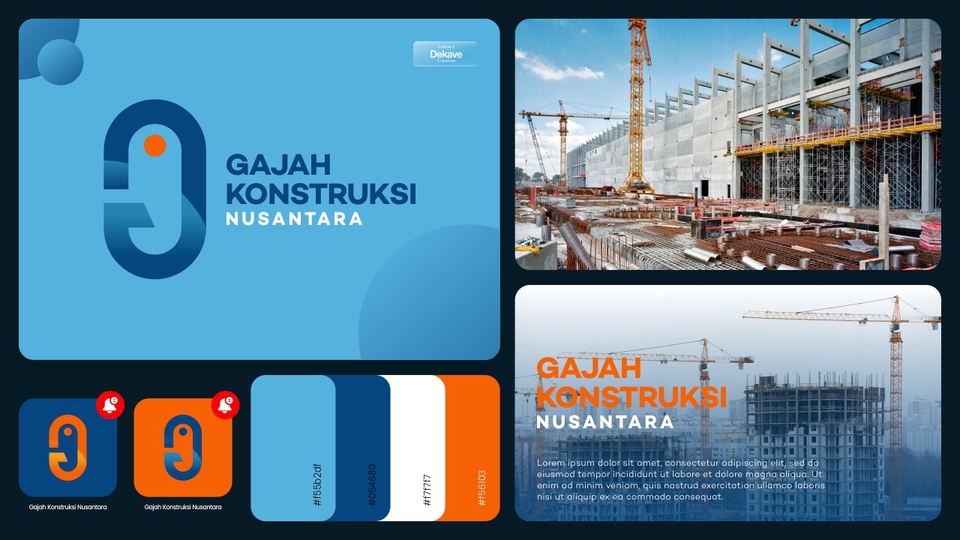 Jasa desain logo online untuk perusahaan Gajah Konstruksi Nusantara dengan logo huruf G berwarna biru dan oranye.