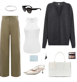 สไตล์ลิสส่วนตัว ช่วยเลือกชุด เสื้อยืดสีขาว กางเกงขายาวสีเขียว คาร์ดิแกนสีเทา รองเท้าส้นสูง กระเป๋าสีขาว