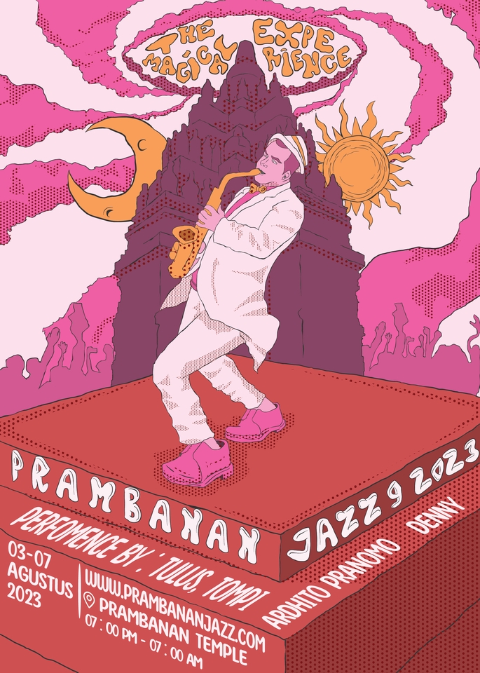 Ilustrasi musik jazz di Candi Prambanan dengan ilustrasi orang bermain saksofon dan suasana magik.