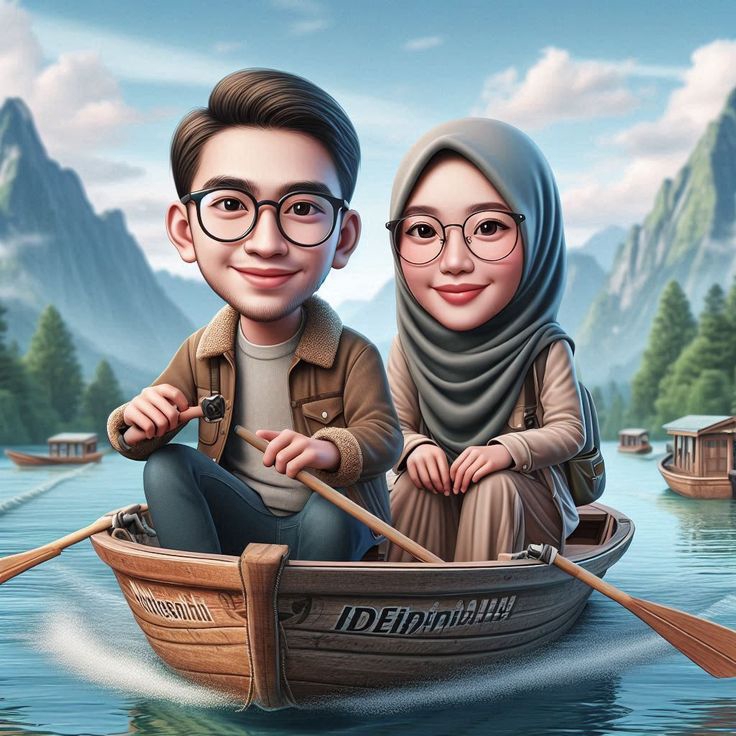 Jasa Ilustrasi Gambar Kartun Pasangan Pria dan Wanita Berpakaian Casual di Atas Perahu Kayu