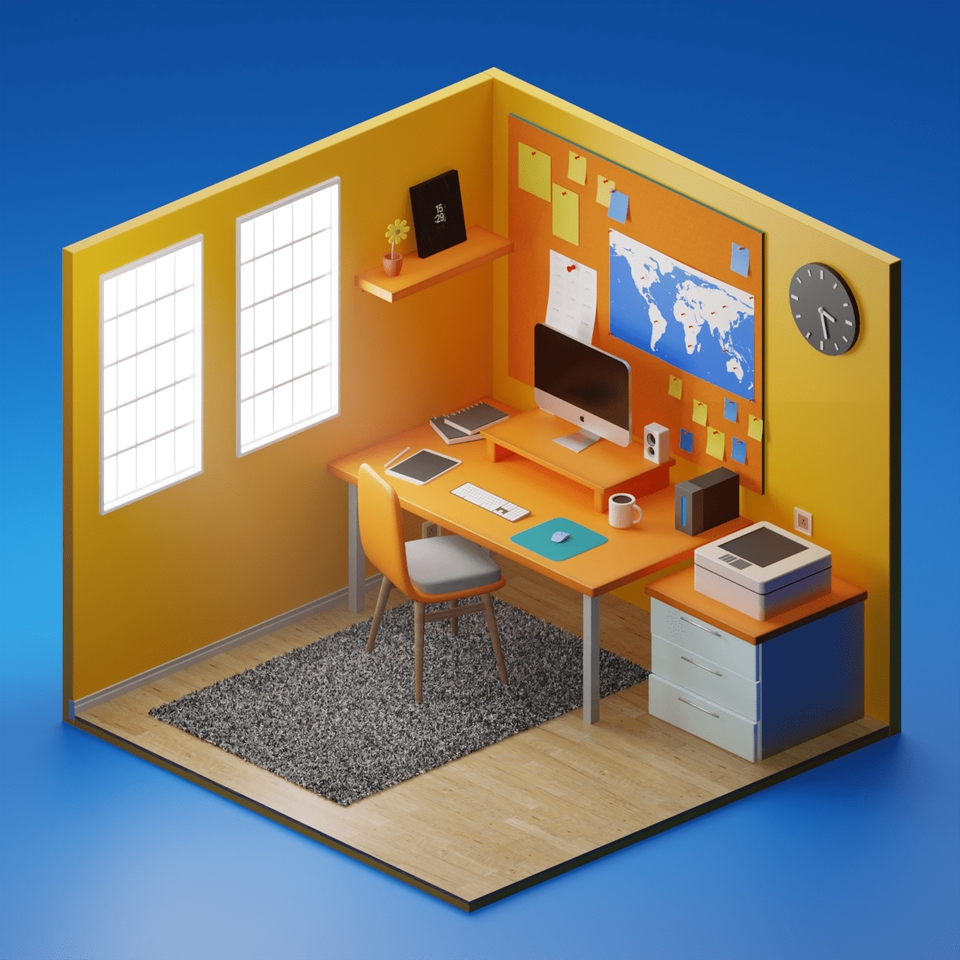 Desain interior kantor minimalis dengan meja kerja, komputer, dan printer untuk jasa desain interior kantor.