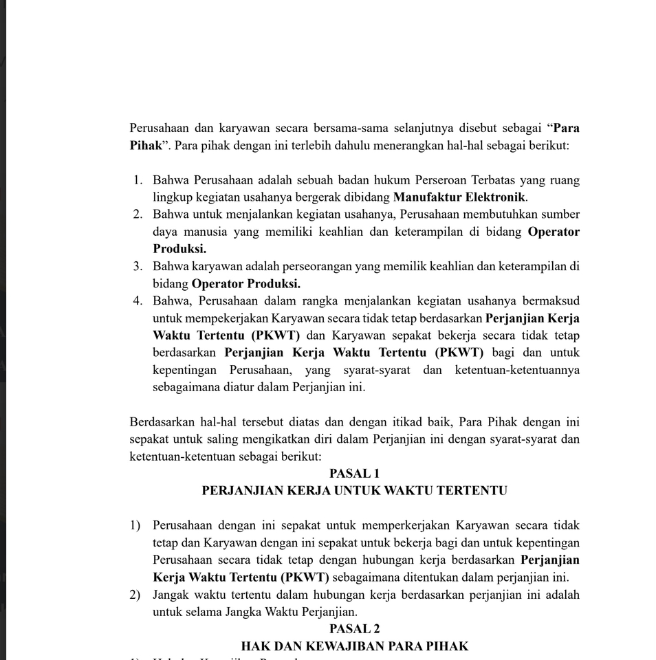 Perjanjian kerja waktu tertentu untuk tenaga kerja di bidang operator produksi. Layanan jasa legal freelance.